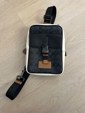 Coach Black Signature Canvas Crossbody with White Trim and Tan Accents